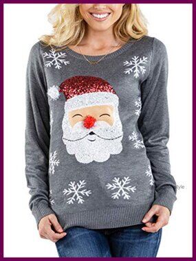 Women's Ugly Christmas Sweater Sequin Embellished Pullover Crew Neck Fitted